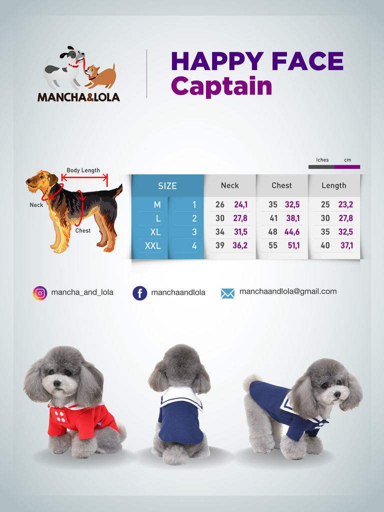 Captain Style Dog T-Shirts Size Chart